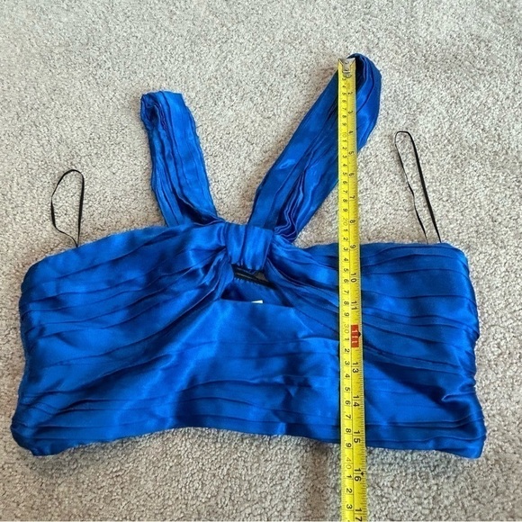 Zara Royal cobalt blue satin effect ruched cut-out front knot halter crop top - Picture 10 of 12